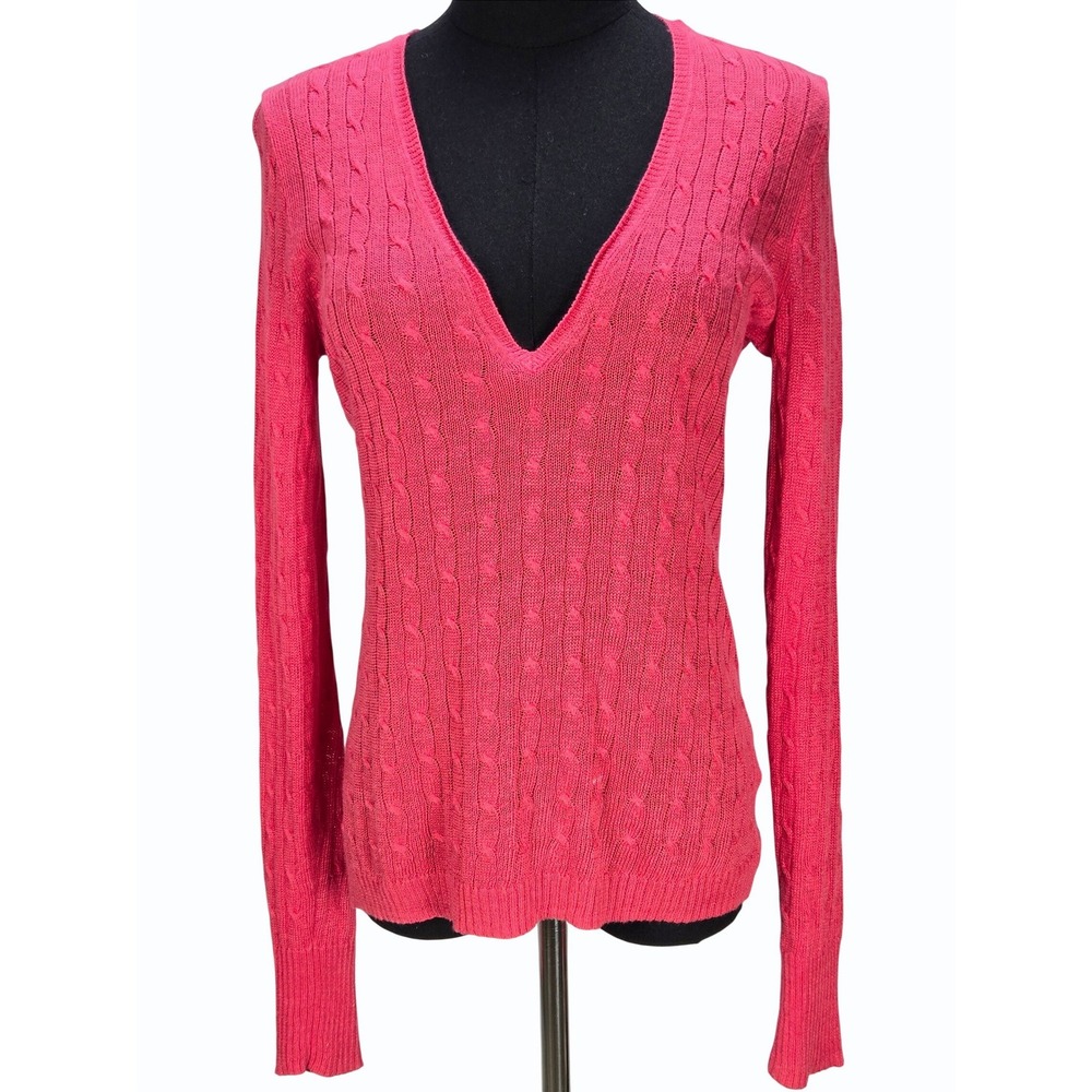 Women's Vintage Y2K J. Crew Small Pink 100% Linen Cable Knit V-Neck Sweater